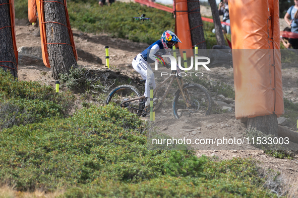 Myriam Nicole of France participates in the UCI Mountain Bike World Championships Downhill Women's Race in Pal Arinsal, Andorra, on August 3...