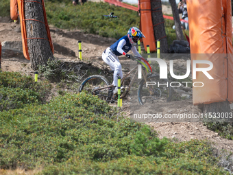 Myriam Nicole of France participates in the UCI Mountain Bike World Championships Downhill Women's Race in Pal Arinsal, Andorra, on August 3...