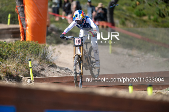 Myriam Nicole of France participates in the UCI Mountain Bike World Championships Downhill Women's Race in Pal Arinsal, Andorra, on August 3...