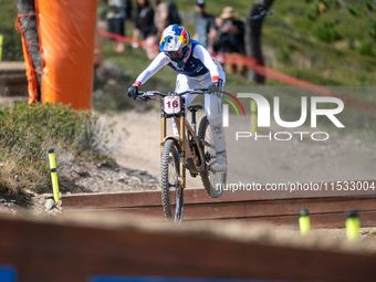 Myriam Nicole of France participates in the UCI Mountain Bike World Championships Downhill Women's Race in Pal Arinsal, Andorra, on August 3...