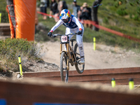 Myriam Nicole of France participates in the UCI Mountain Bike World Championships Downhill Women's Race in Pal Arinsal, Andorra, on August 3...