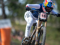 Myriam Nicole of France participates in the UCI Mountain Bike World Championships Downhill Women's Race in Pal Arinsal, Andorra, on August 3...