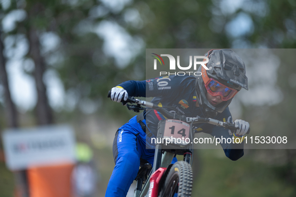 Valentina Roa of Colombia participates in the UCI Mountain Bike World Championships Downhill Women's Race in Pal Arinsal, Andorra, on August...