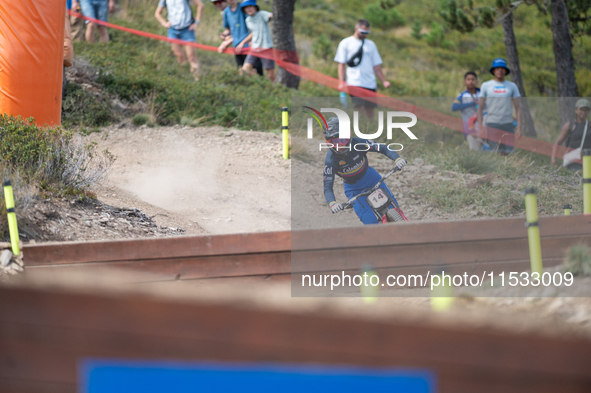 Valentina Roa of Colombia participates in the UCI Mountain Bike World Championships Downhill Women's Race in Pal Arinsal, Andorra, on August...