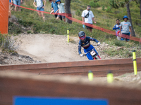 Valentina Roa of Colombia participates in the UCI Mountain Bike World Championships Downhill Women's Race in Pal Arinsal, Andorra, on August...