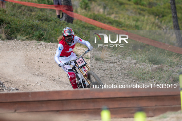 Camille Balanche of Switzerland competes in the UCI Mountain Bike World Championships Downhill Women's Race in Pal Arinsal, Andorra, on Augu...