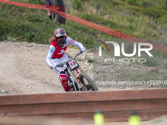 Camille Balanche of Switzerland competes in the UCI Mountain Bike World Championships Downhill Women's Race in Pal Arinsal, Andorra, on Augu...