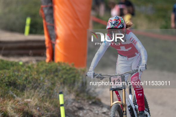 Camille Balanche of Switzerland competes in the UCI Mountain Bike World Championships Downhill Women's Race in Pal Arinsal, Andorra, on Augu...