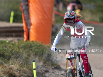 Camille Balanche of Switzerland competes in the UCI Mountain Bike World Championships Downhill Women's Race in Pal Arinsal, Andorra, on Augu...