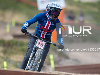 Anna Newkirk of the USA participates in the UCI Mountain Bike World Championships Downhill Women's Race in Pal Arinsal, Andorra, on August 3...