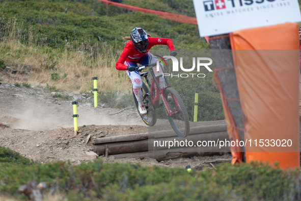 Finn Iles of Canada participates in the UCI Mountain Bike World Championships Men Downhill Race in Pal Arinsal, Andorra, on August 31, 2024....