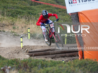 Finn Iles of Canada participates in the UCI Mountain Bike World Championships Men Downhill Race in Pal Arinsal, Andorra, on August 31, 2024....