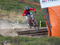 Finn Iles of Canada participates in the UCI Mountain Bike World Championships Men Downhill Race in Pal Arinsal, Andorra, on August 31, 2024....