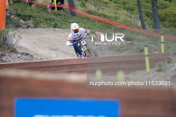 Oisin O Callaghan of Ireland competes in the UCI Mountain Bike World Championships Men Downhill Race in Pal Arinsal, Andorra, on August 31,...