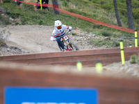 Oisin O Callaghan of Ireland competes in the UCI Mountain Bike World Championships Men Downhill Race in Pal Arinsal, Andorra, on August 31,...