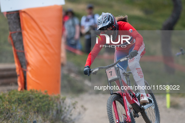 Finn Iles of Canada participates in the UCI Mountain Bike World Championships Men Downhill Race in Pal Arinsal, Andorra, on August 31, 2024....