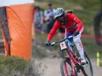 Finn Iles of Canada participates in the UCI Mountain Bike World Championships Men Downhill Race in Pal Arinsal, Andorra, on August 31, 2024....