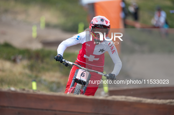 Lisa Baumann of Switzerland competes in the UCI Mountain Bike World Championships Downhill Women's Race in Pal Arinsal, Andorra, on August 3...