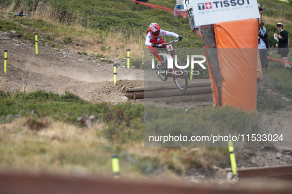 Lisa Baumann of Switzerland competes in the UCI Mountain Bike World Championships Downhill Women's Race in Pal Arinsal, Andorra, on August 3...