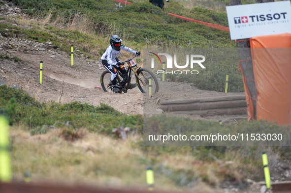 Nina Hoffmann of Germany competes in the UCI Mountain Bike World Championships Downhill Women's Race in Pal Arinsal, Andorra, on August 31,...