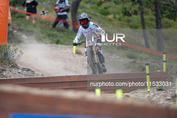 Nina Hoffmann of Germany competes in the UCI Mountain Bike World Championships Downhill Women's Race in Pal Arinsal, Andorra, on August 31,...