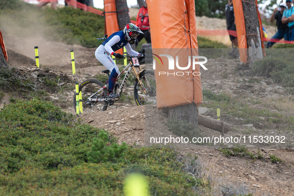 Marine Cabirou of France competes in the UCI Mountain Bike World Championships Downhill Women's Race in Pal Arinsal, Andorra, on August 31,...