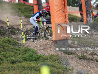 Marine Cabirou of France competes in the UCI Mountain Bike World Championships Downhill Women's Race in Pal Arinsal, Andorra, on August 31,...