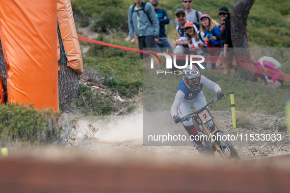 Marine Cabirou of France competes in the UCI Mountain Bike World Championships Downhill Women's Race in Pal Arinsal, Andorra, on August 31,...