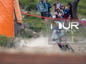 Marine Cabirou of France competes in the UCI Mountain Bike World Championships Downhill Women's Race in Pal Arinsal, Andorra, on August 31,...