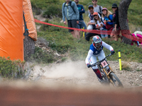 Marine Cabirou of France competes in the UCI Mountain Bike World Championships Downhill Women's Race in Pal Arinsal, Andorra, on August 31,...