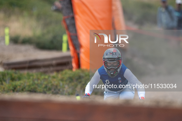 Marine Cabirou of France competes in the UCI Mountain Bike World Championships Downhill Women's Race in Pal Arinsal, Andorra, on August 31,...