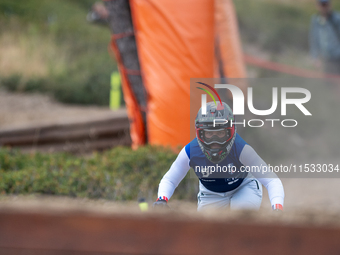 Marine Cabirou of France competes in the UCI Mountain Bike World Championships Downhill Women's Race in Pal Arinsal, Andorra, on August 31,...