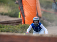 Marine Cabirou of France competes in the UCI Mountain Bike World Championships Downhill Women's Race in Pal Arinsal, Andorra, on August 31,...