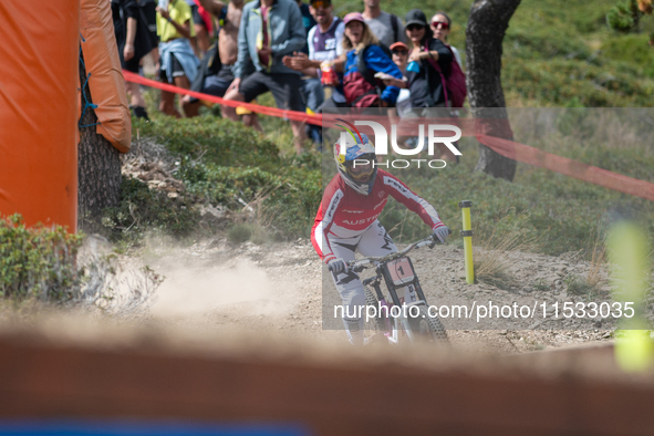 Charlie Hatton of Great Britain competes in the UCI Mountain Bike World Championships Men's Downhill Race in Pal Arinsal, Andorra, on August...