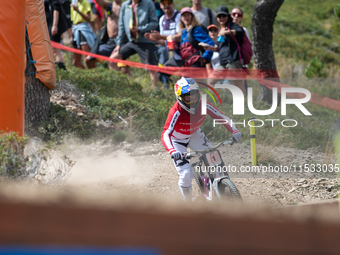 Charlie Hatton of Great Britain competes in the UCI Mountain Bike World Championships Men's Downhill Race in Pal Arinsal, Andorra, on August...