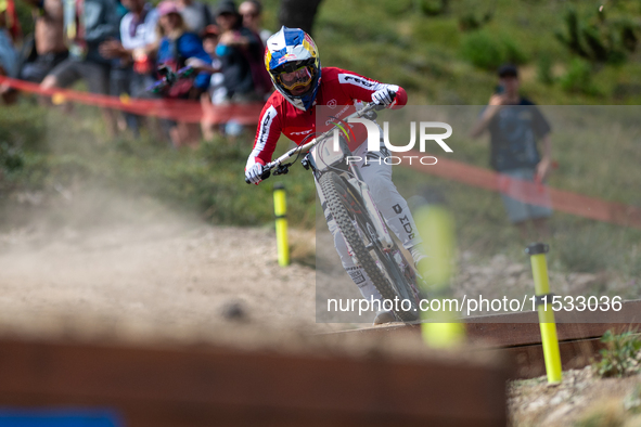 Charlie Hatton of Great Britain competes in the UCI Mountain Bike World Championships Men's Downhill Race in Pal Arinsal, Andorra, on August...