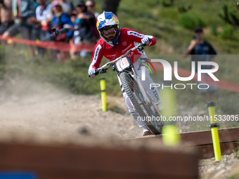 Charlie Hatton of Great Britain competes in the UCI Mountain Bike World Championships Men's Downhill Race in Pal Arinsal, Andorra, on August...