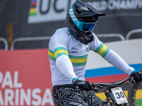 Luke Meier-Smith of Australia arrives at the finish line in the UCI Mountain Bike World Championships Men Downhill in Pal Arinsal, Andorra,...