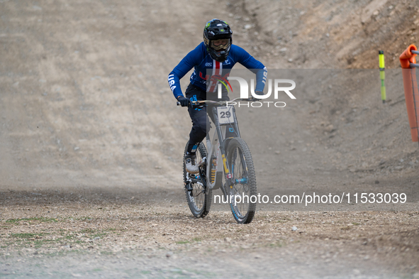 Austin Dooley of the USA arrives at the finish line in the UCI Mountain Bike World Championships Men Downhill in Pal Arinsal, Andorra, on Au...