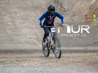 Austin Dooley of the USA arrives at the finish line in the UCI Mountain Bike World Championships Men Downhill in Pal Arinsal, Andorra, on Au...