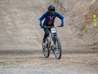 Austin Dooley of the USA arrives at the finish line in the UCI Mountain Bike World Championships Men Downhill in Pal Arinsal, Andorra, on Au...