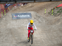 Angel Suarez of Spain arrives at the finish line in the UCI Mountain Bike World Championships Men Downhill in Pal Arinsal, Andorra, on Augus...