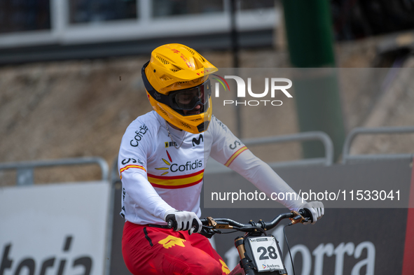 Angel Suarez of Spain arrives at the finish line in the UCI Mountain Bike World Championships Men Downhill in Pal Arinsal, Andorra, on Augus...