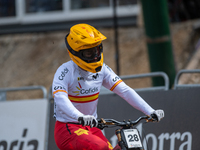 Angel Suarez of Spain arrives at the finish line in the UCI Mountain Bike World Championships Men Downhill in Pal Arinsal, Andorra, on Augus...