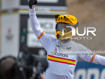 Angel Suarez of Spain arrives at the finish line in the UCI Mountain Bike World Championships Men Downhill in Pal Arinsal, Andorra, on Augus...