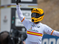 Angel Suarez of Spain arrives at the finish line in the UCI Mountain Bike World Championships Men Downhill in Pal Arinsal, Andorra, on Augus...