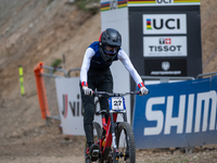 Nathan Pontvianne of France arrives at the finish line in the UCI Mountain Bike World Championships Men Downhill in Pal Arinsal, Andorra, on...