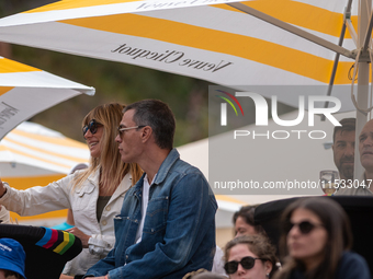 Pedro Sanchez, President of Spain, and his wife Begona Gomez Fernandez visit Andorra during the UCI Mountain Bike World Championships Men Do...