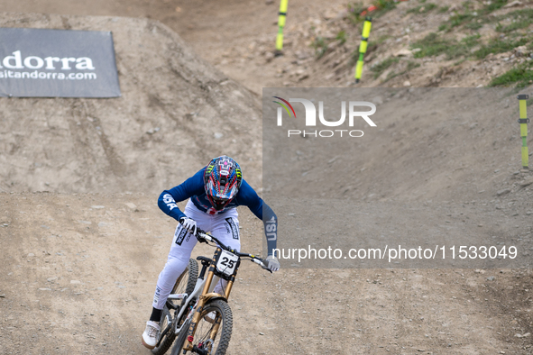 Dylan Maples of the USA arrives at the finish line in the UCI Mountain Bike World Championships Men Downhill in Pal Arinsal, Andorra, on Aug...