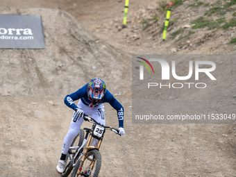 Dylan Maples of the USA arrives at the finish line in the UCI Mountain Bike World Championships Men Downhill in Pal Arinsal, Andorra, on Aug...